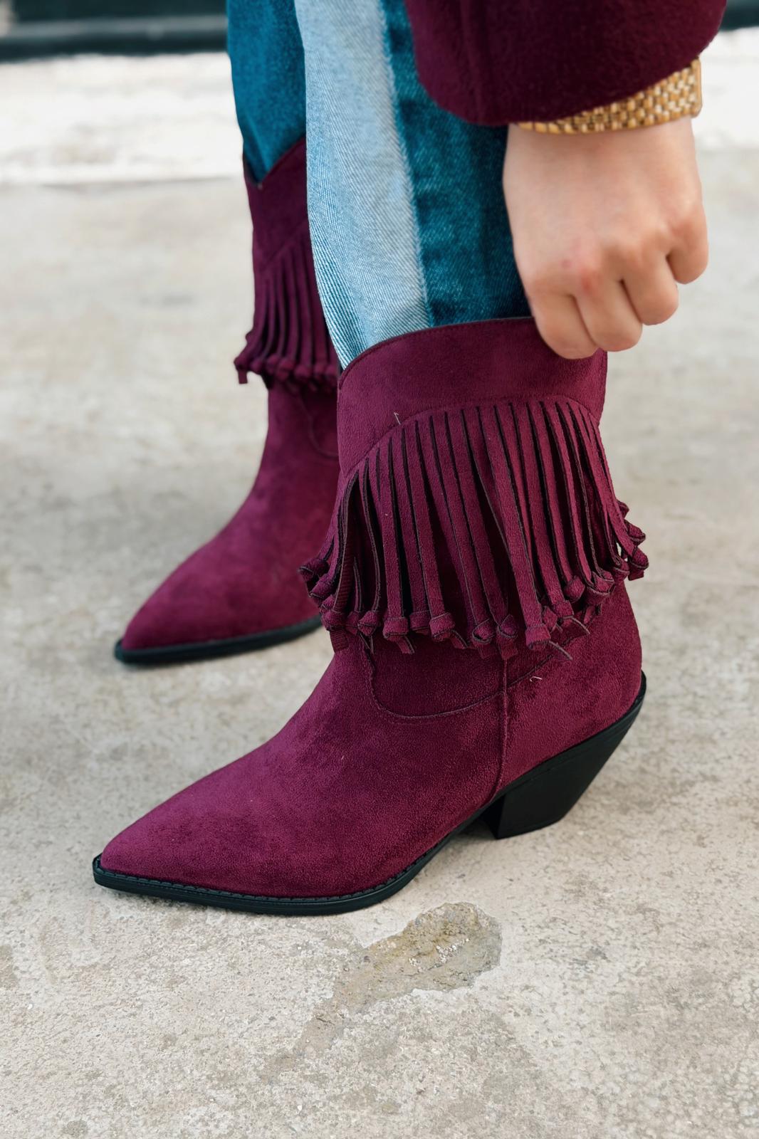 Iserne Women’s Cowboy Boots Burgundy Suede Fringe