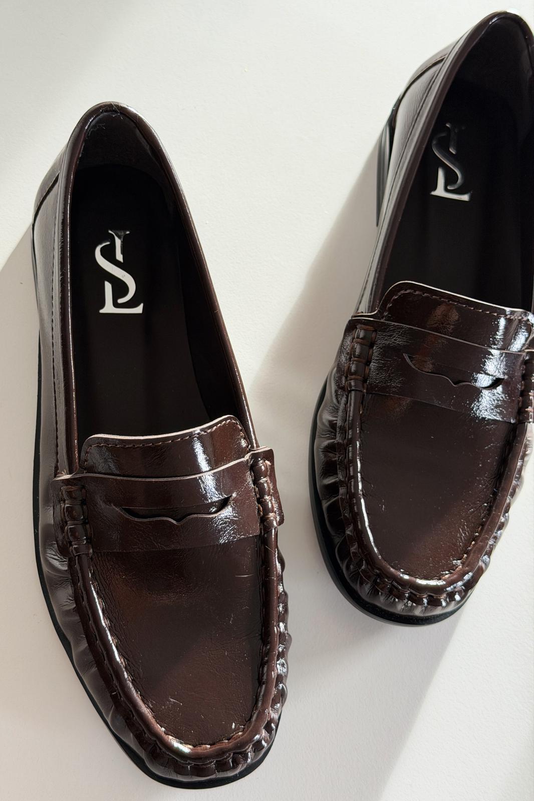 Marcel Dark Brown Crinkled Patent Faux Leather Women's Loafers