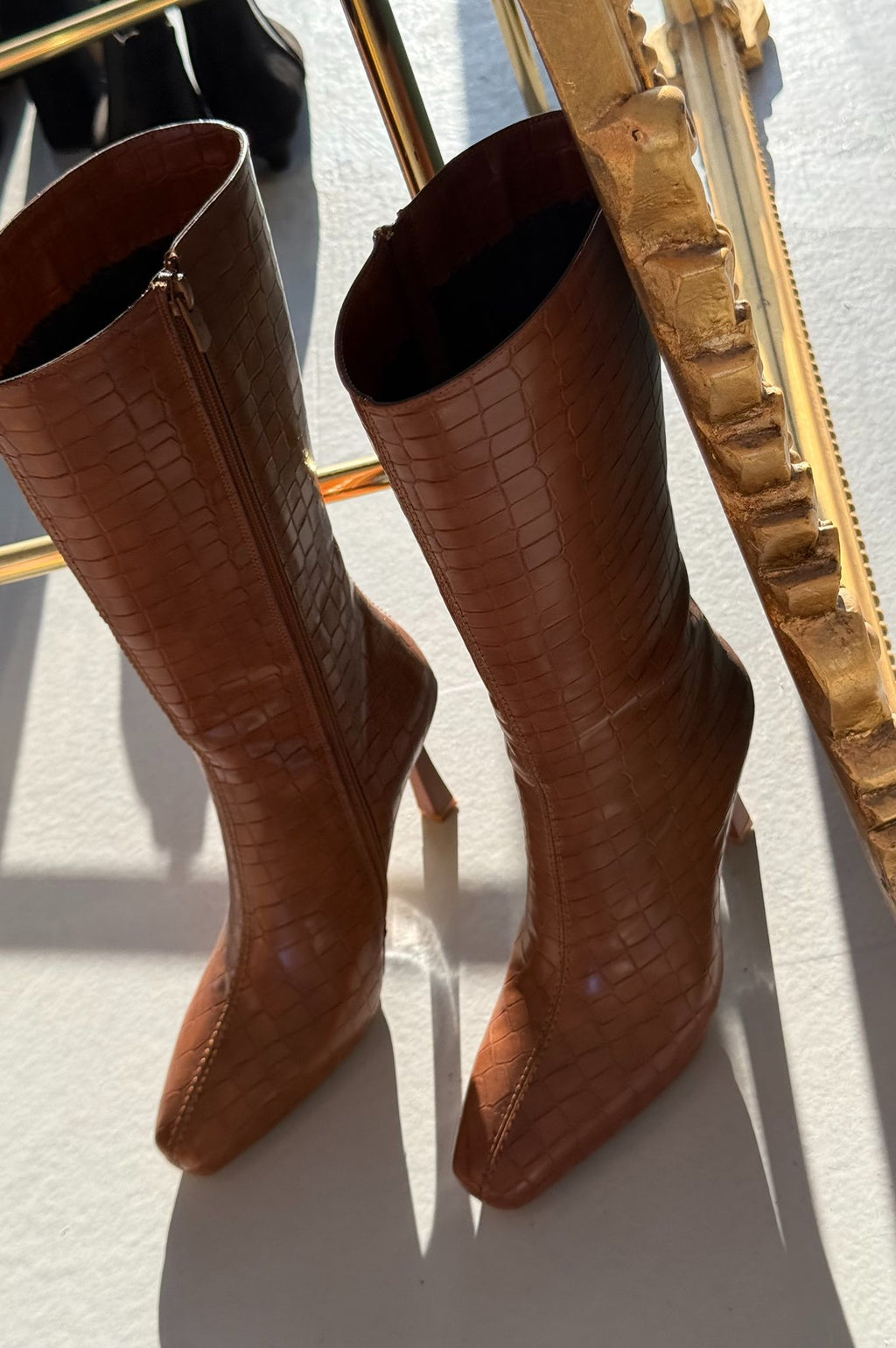 Jorani Faux Leather Embossed Tan High Heel Boots