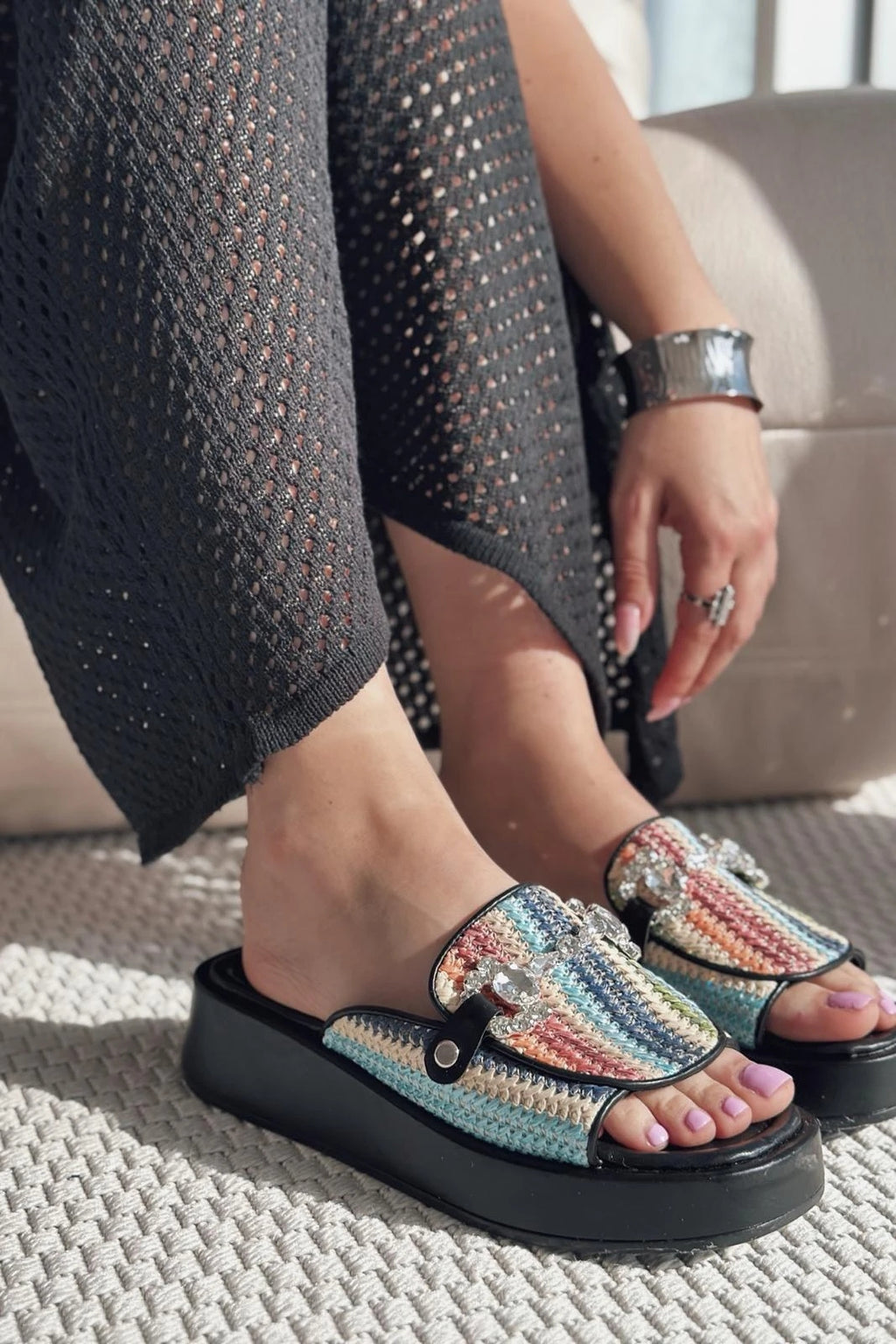 Nilossa Black Faux Leather Stone-Embellished Women's Slides