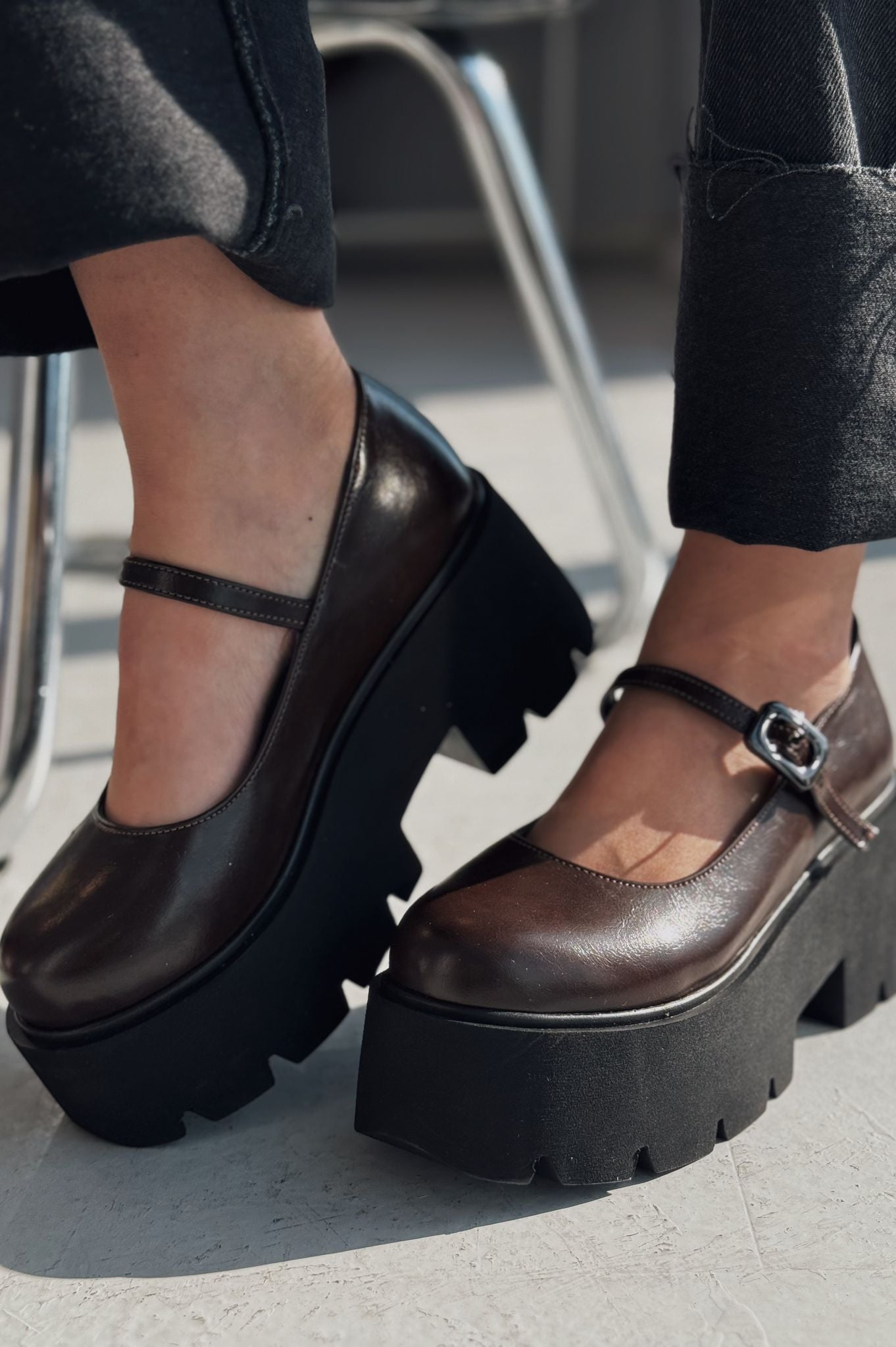 Tinos Dark Brown Faux Leather Platform Women's Mary Jane