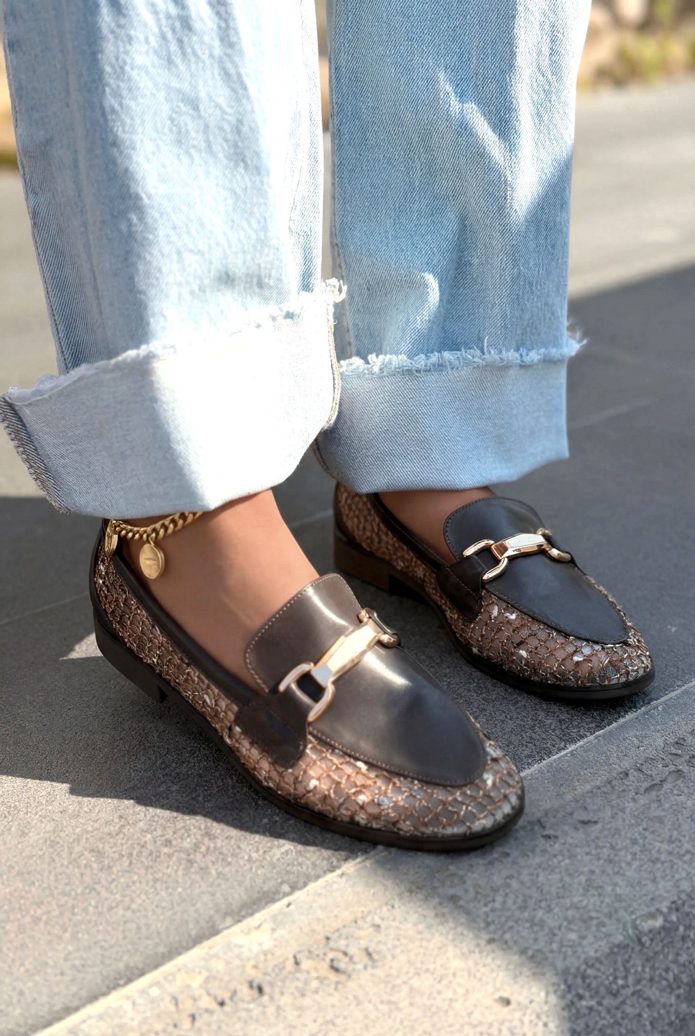 Delter Dark Brown Faux Leather Mesh Women's Loafers