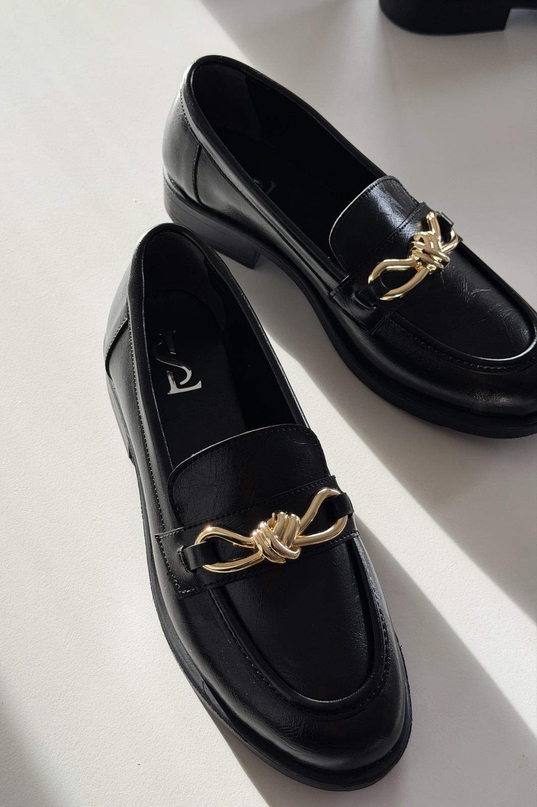 Norel Black Faux Leather Bow Detail Women's Loafers