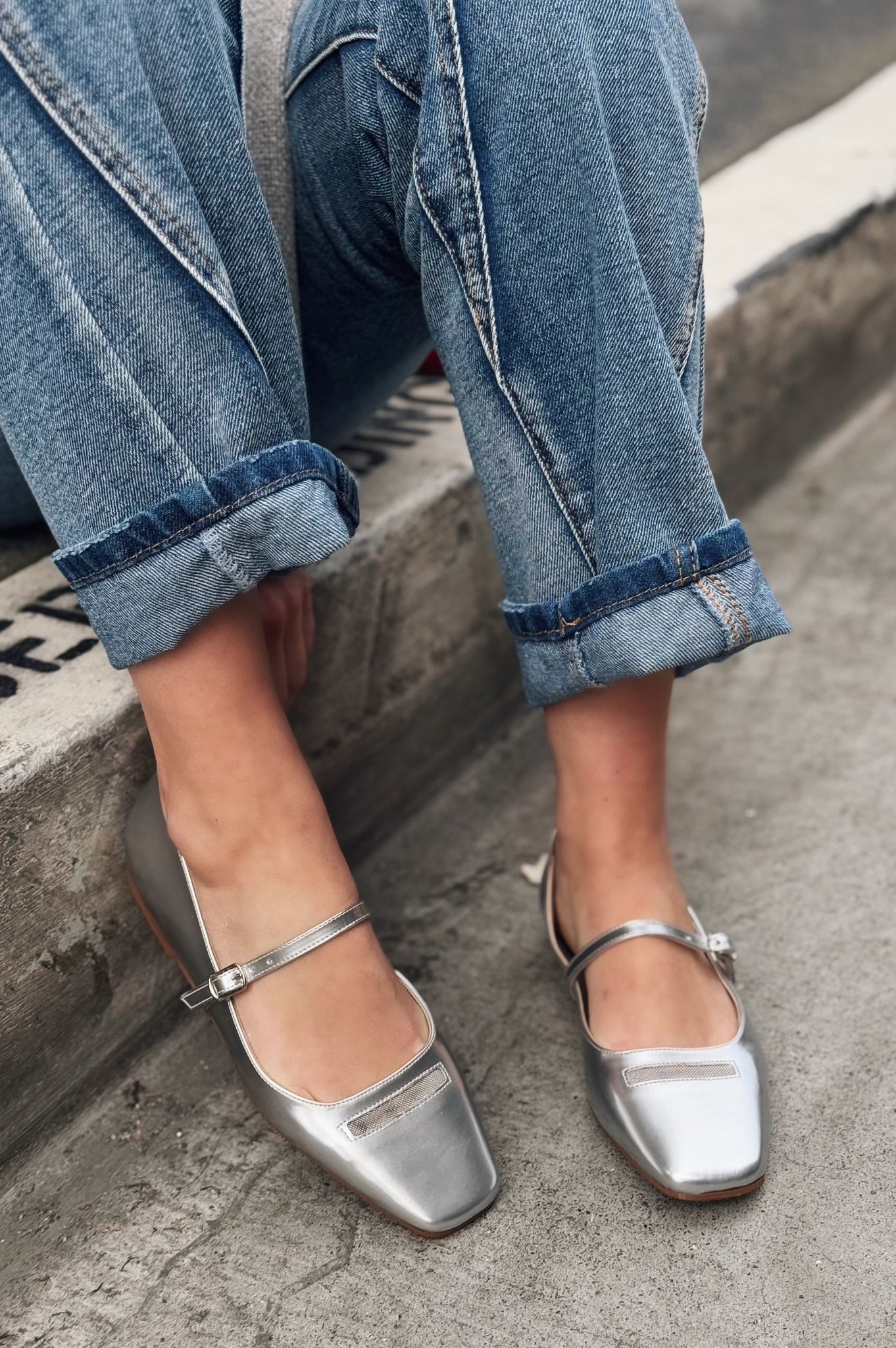 Lufora Silver Faux Leather Buckle Detail Women's Flats