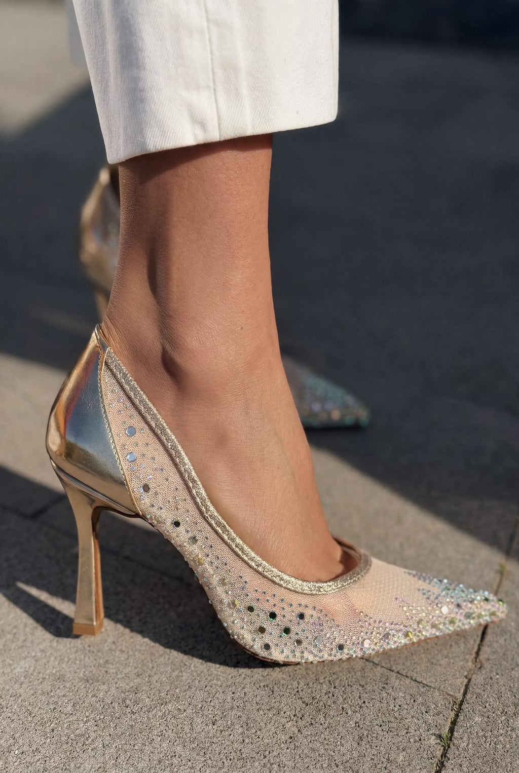 Arivelle Gold Crystal Textile Women's Stilettos