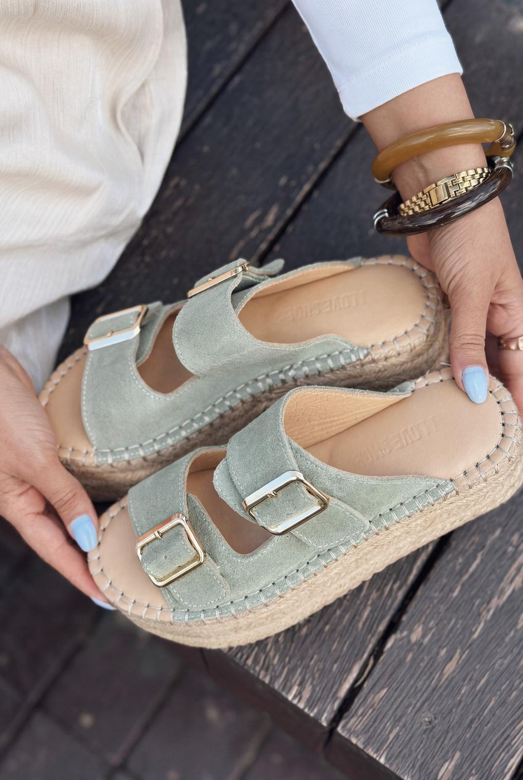 Serinel Green Genuine Suede Women's Wedge Heel Mules