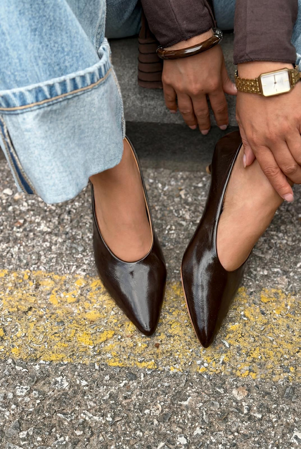 Seranis Light Brown Crinkle Patent Leather Stilettos