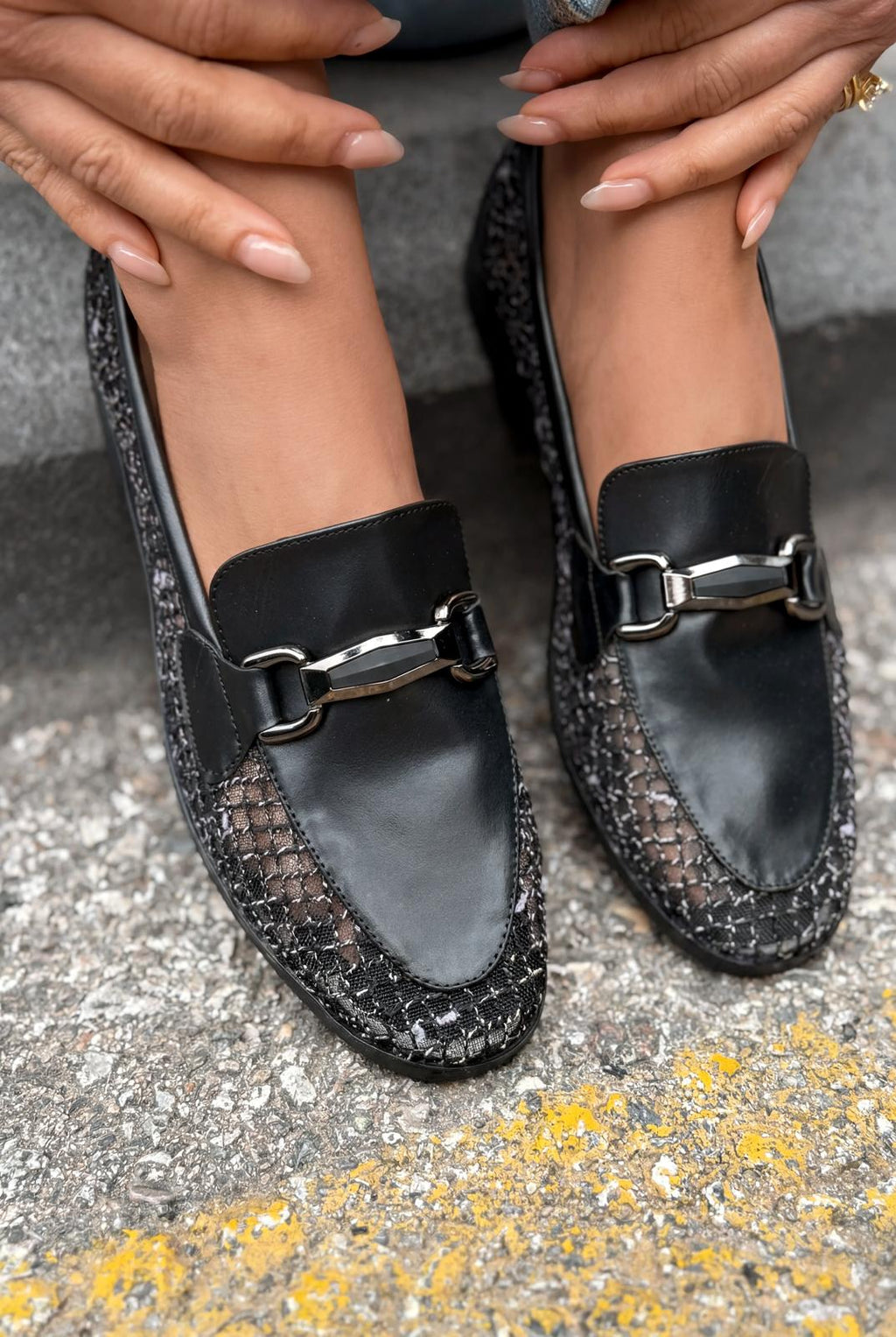 Delter Black Faux Leather Mesh Women's Loafers