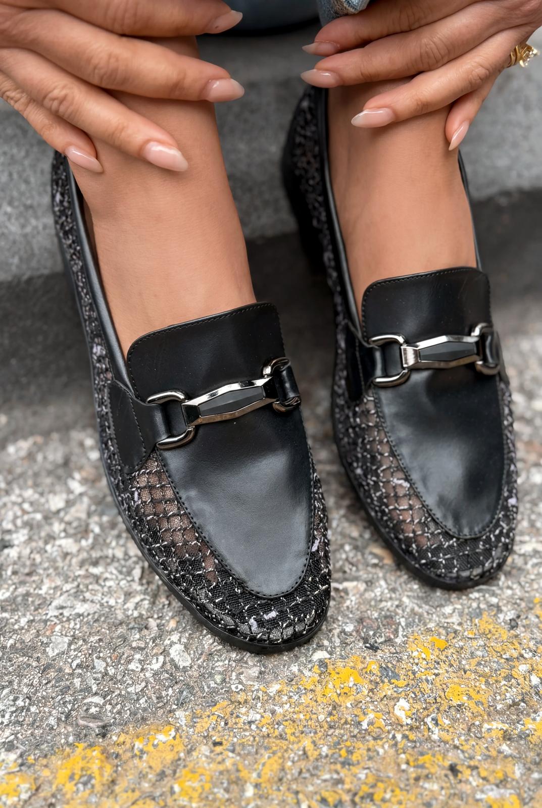 Delter Black Faux Leather Mesh Women's Loafers