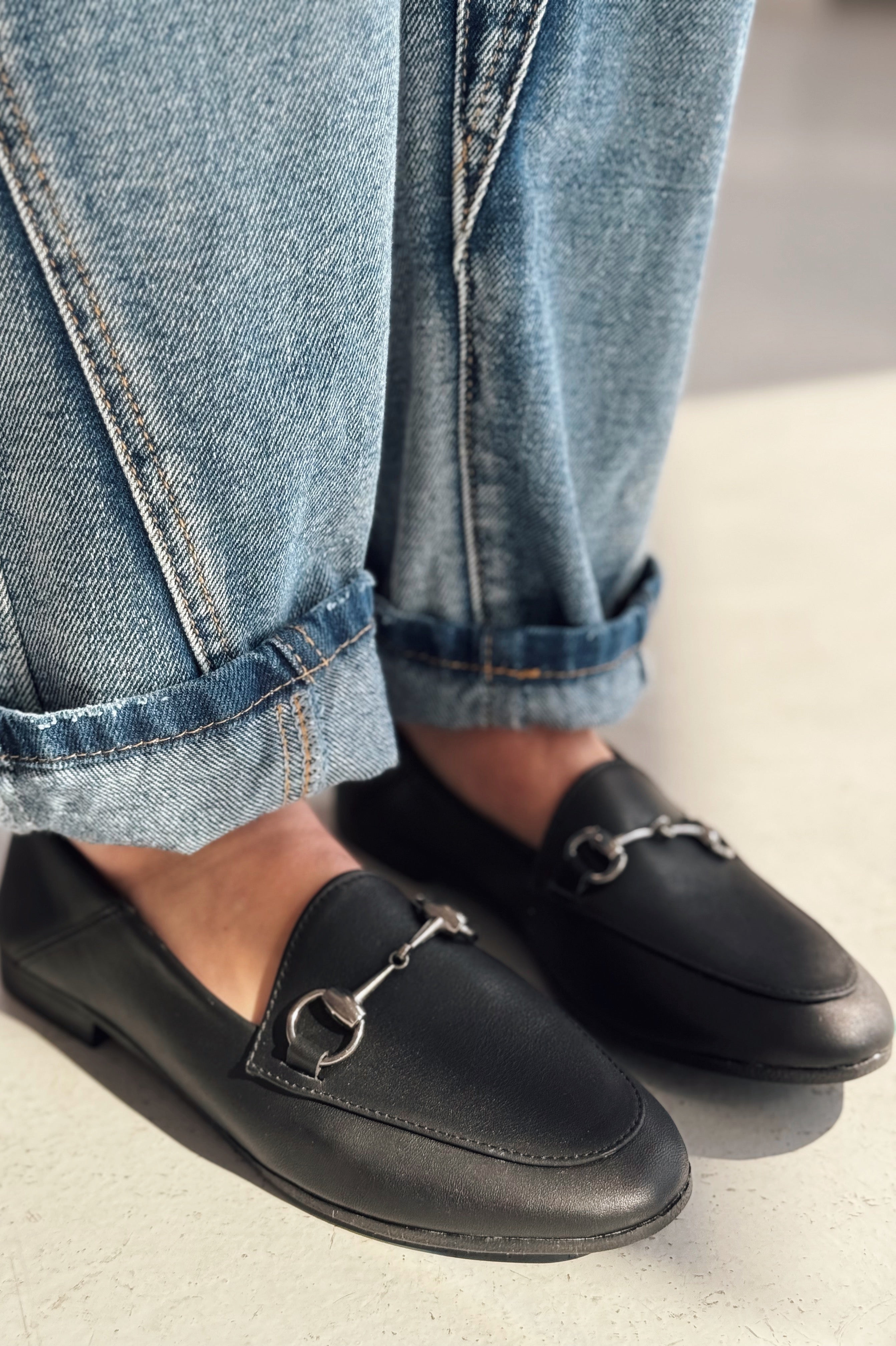 Palvora Black Genuine Leather Buckle Detail Women's Loafers