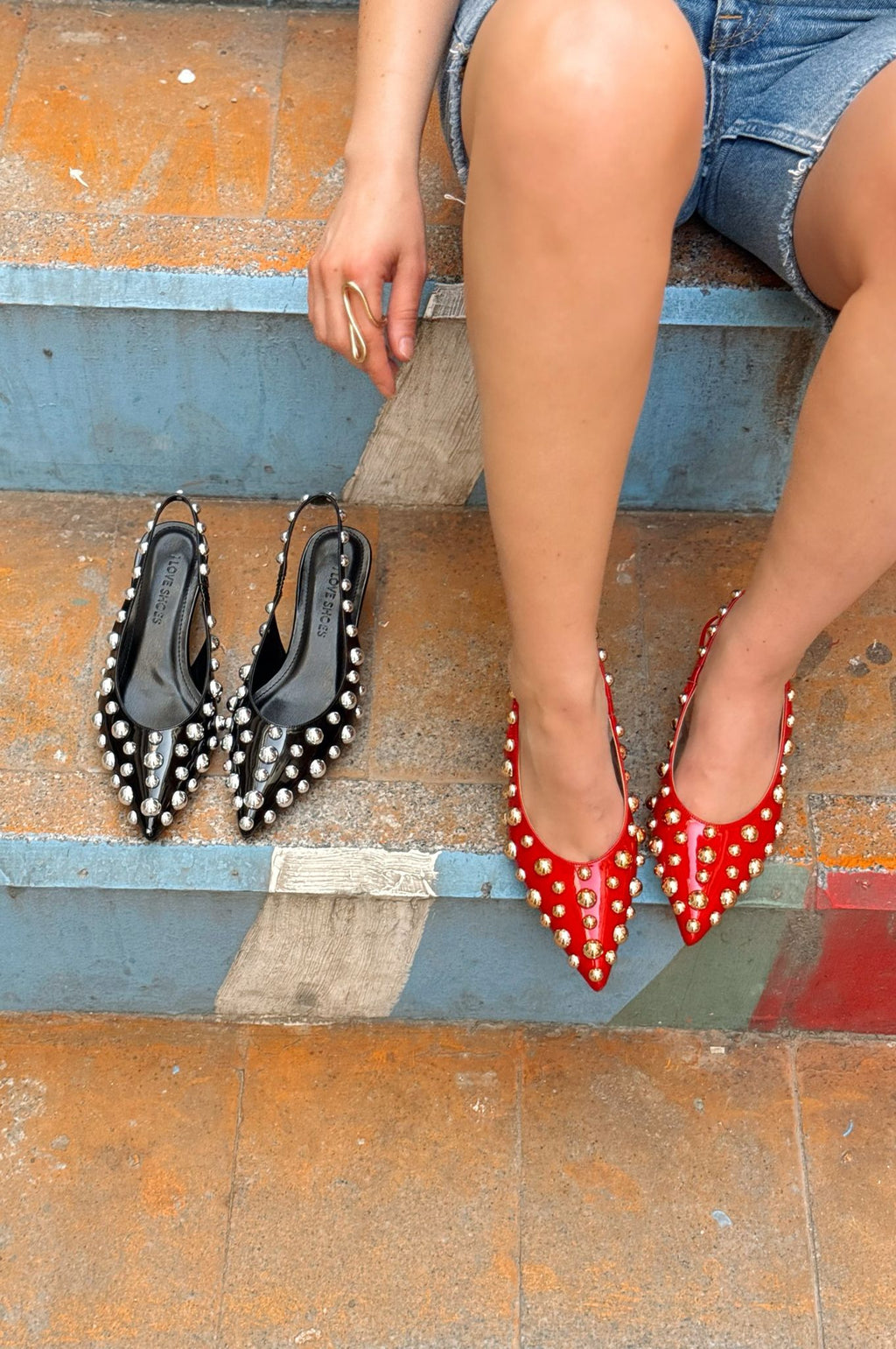 Owensa Red Patent Faux Leather Women's Studded Stilettos