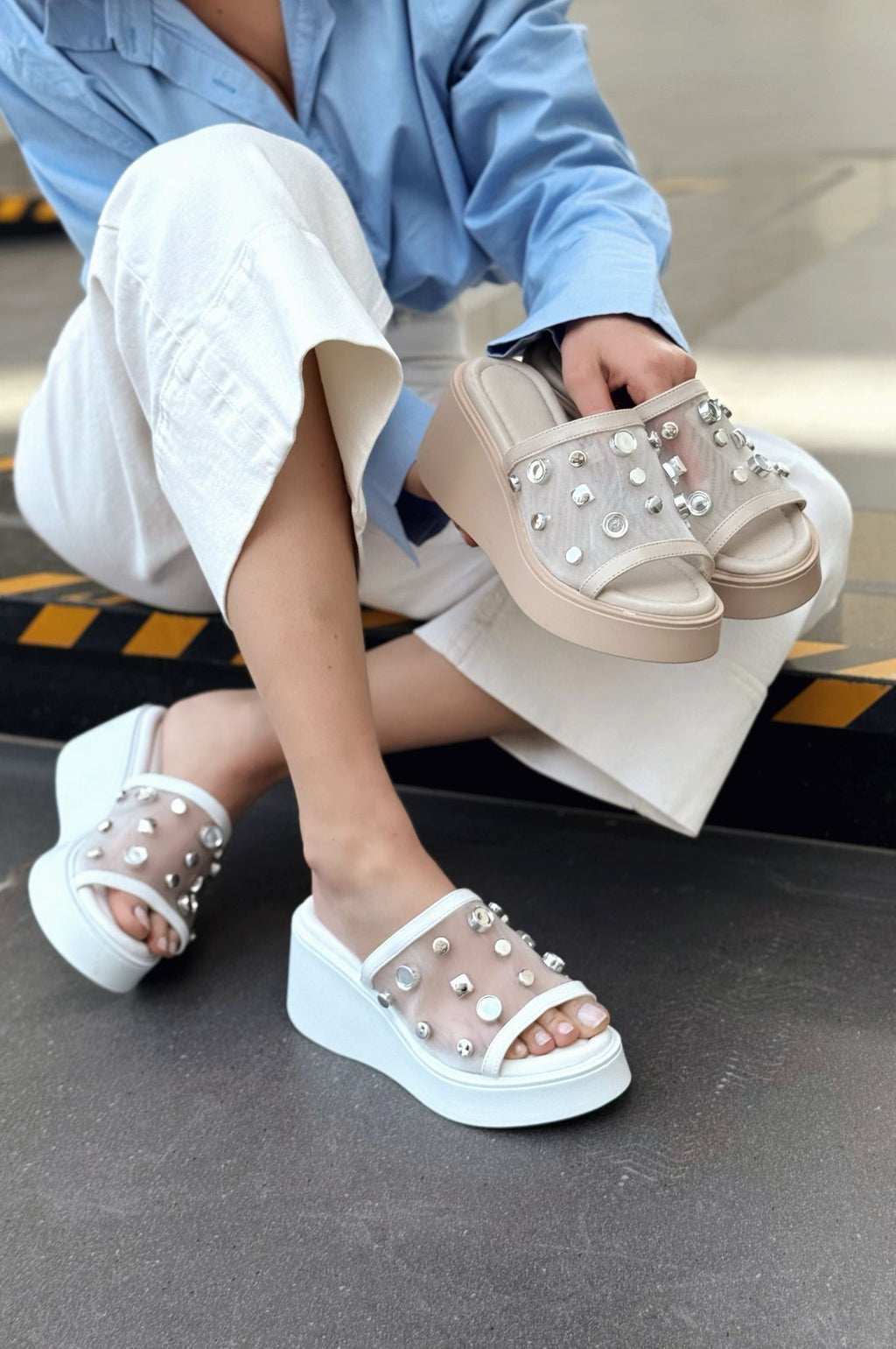 Palien White Faux Leather Studded Wedge Heel Women's Mules