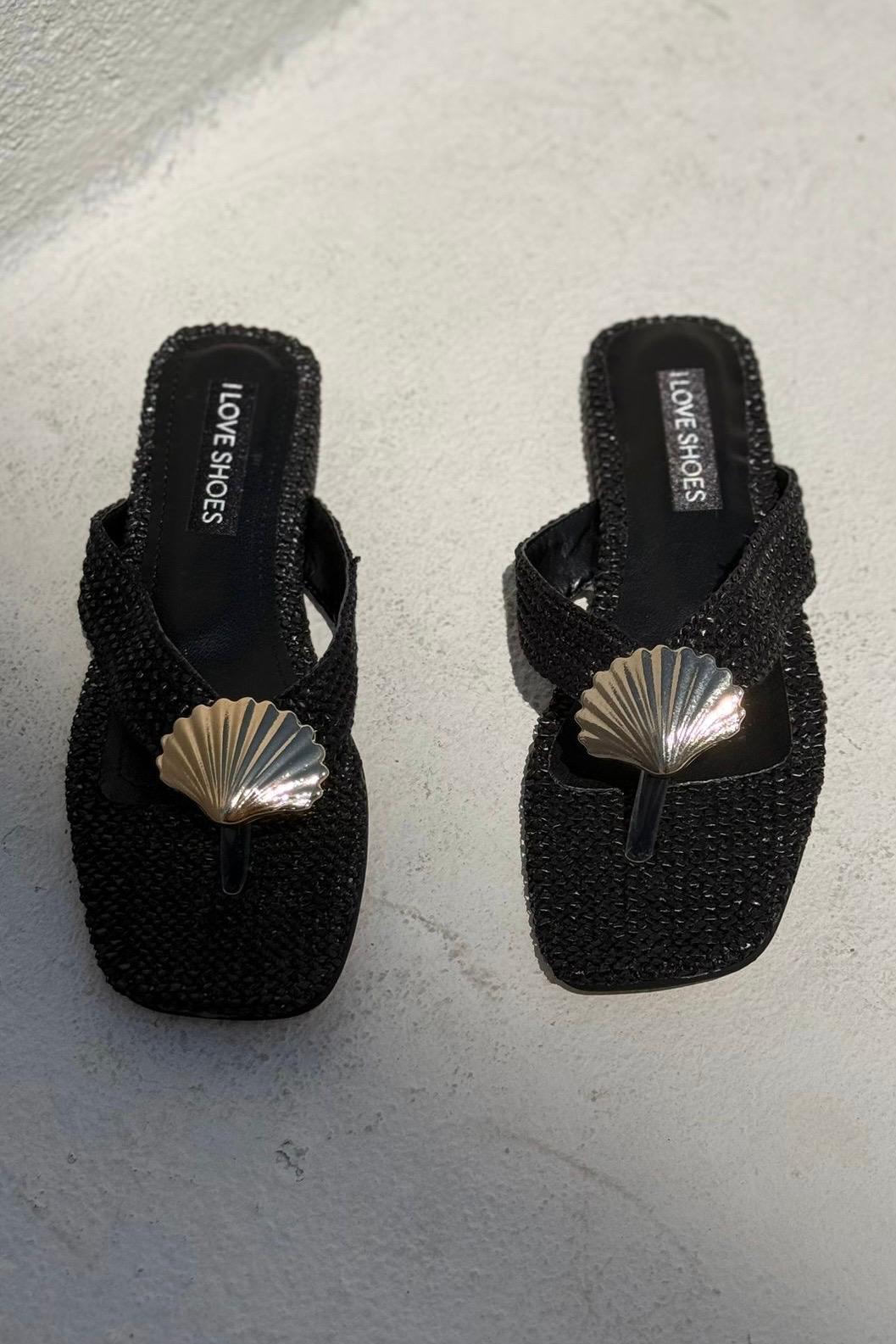 Lovante Woven Black Toe Ring Flat Sandals