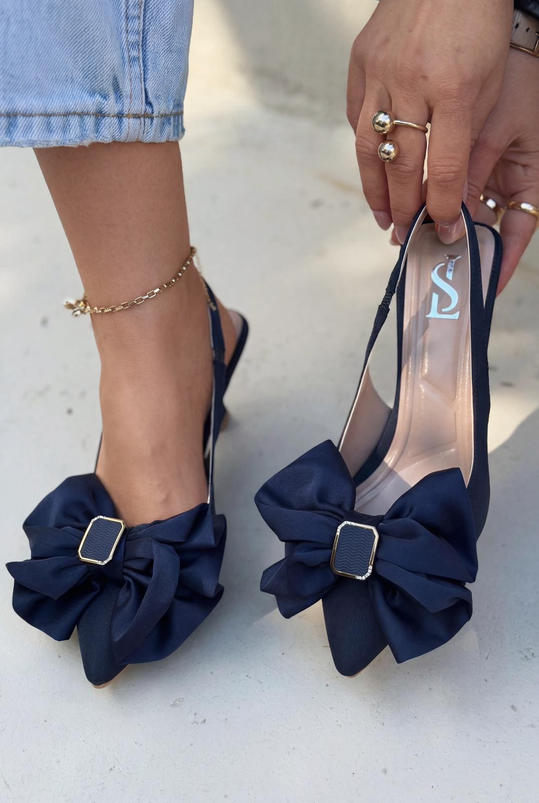 Velune Navy Bow Detail Satin Women's Stilettos
