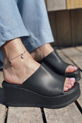 Destin Black Faux Leather Wedge Heel Women's Mules