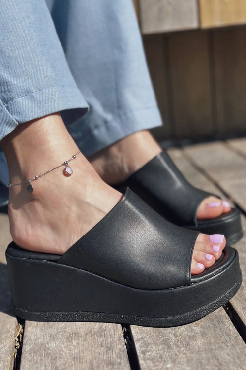 Destin Black Faux Leather Wedge Heel Women's Mules