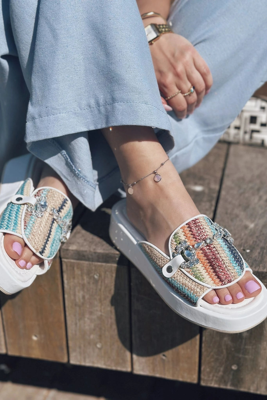 Nilossa White Faux Leather Stone Detail Women's Slides