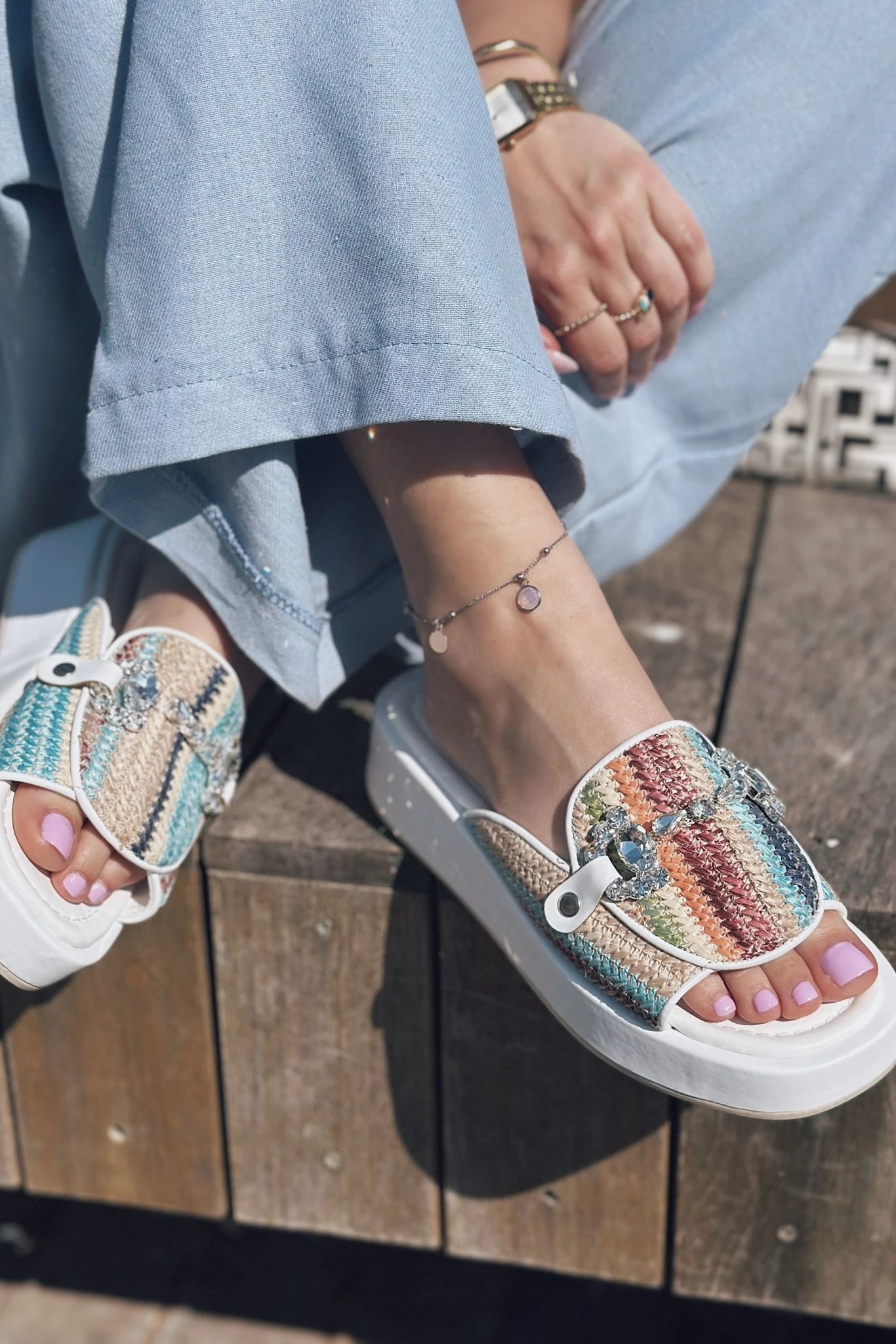 Nilossa White Faux Leather Stone Detail Women's Slides