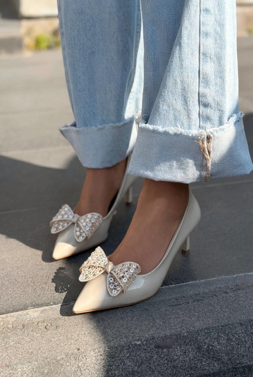Sorexa Beige Patent Faux Leather Bow Detail Women's Stilettos