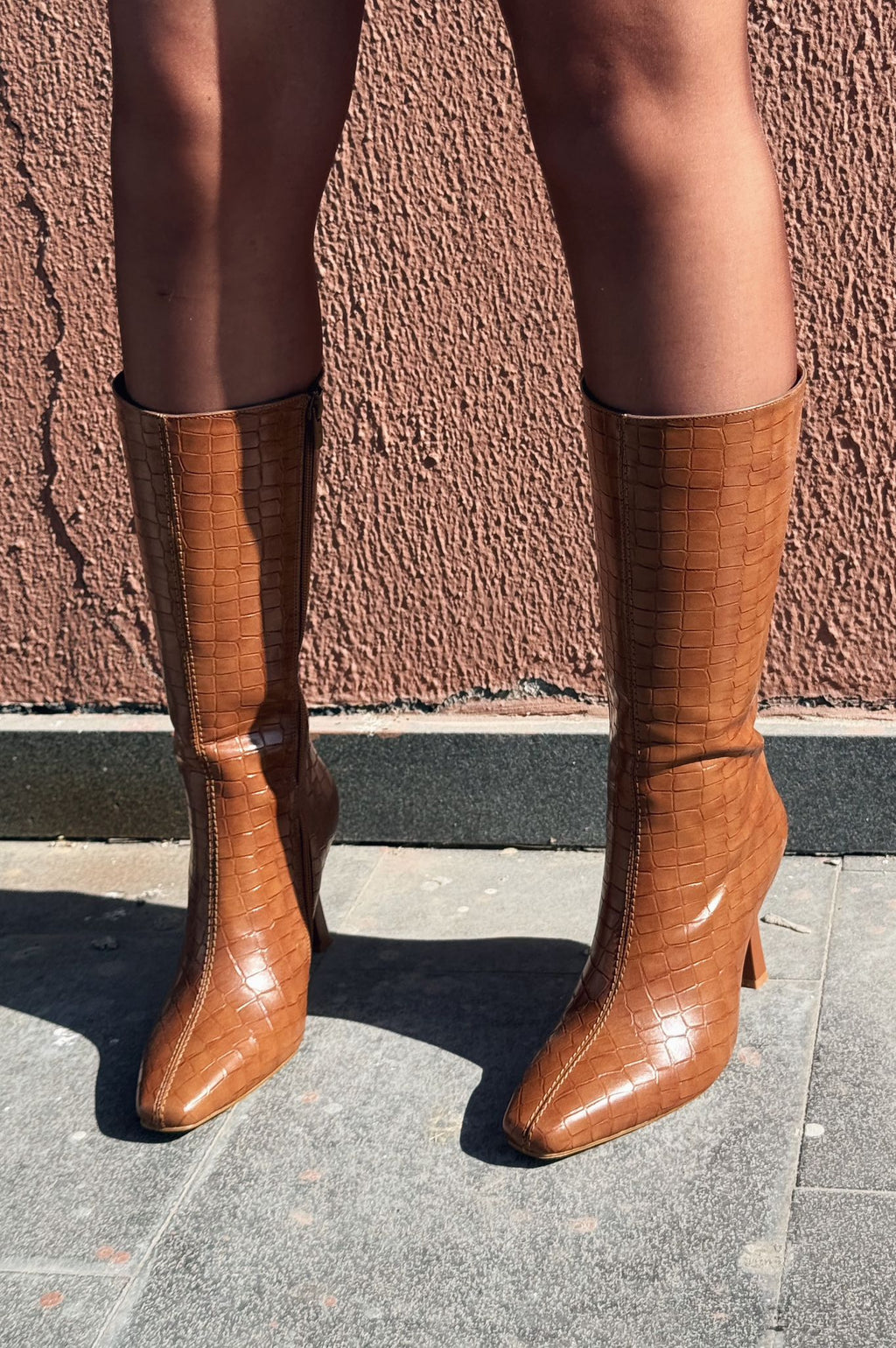 Jorani Faux Leather Embossed Tan High Heel Boots