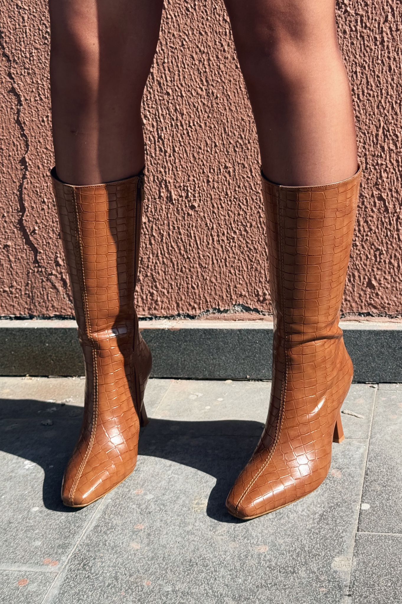 Jorani Faux Leather Embossed Tan High Heel Boots