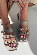 Dawist Beige Faux Leather Studded Flat Women's Mules