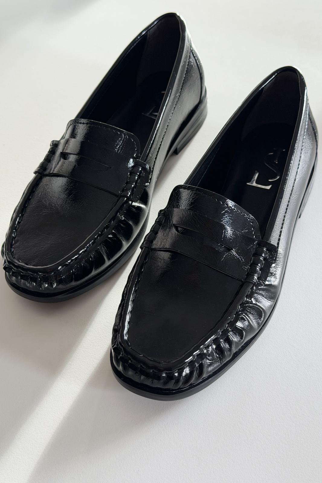 Marcel Black Crinkled Patent Faux Leather Women's Loafers