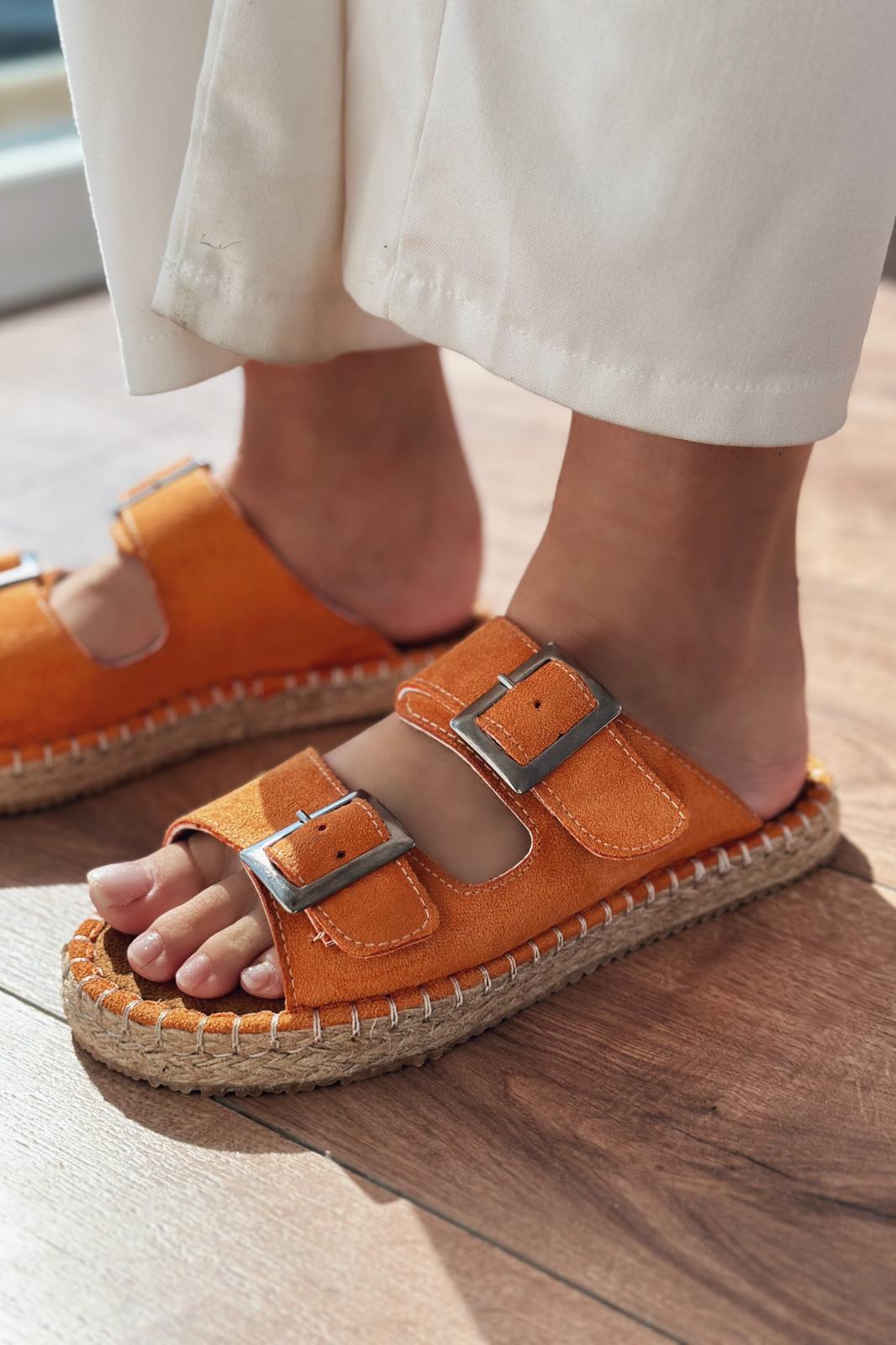 Paxseh Orange Suede Buckle Detail Women's Mules