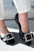Woned Black Faux Leather Stone Detail Women's Flats