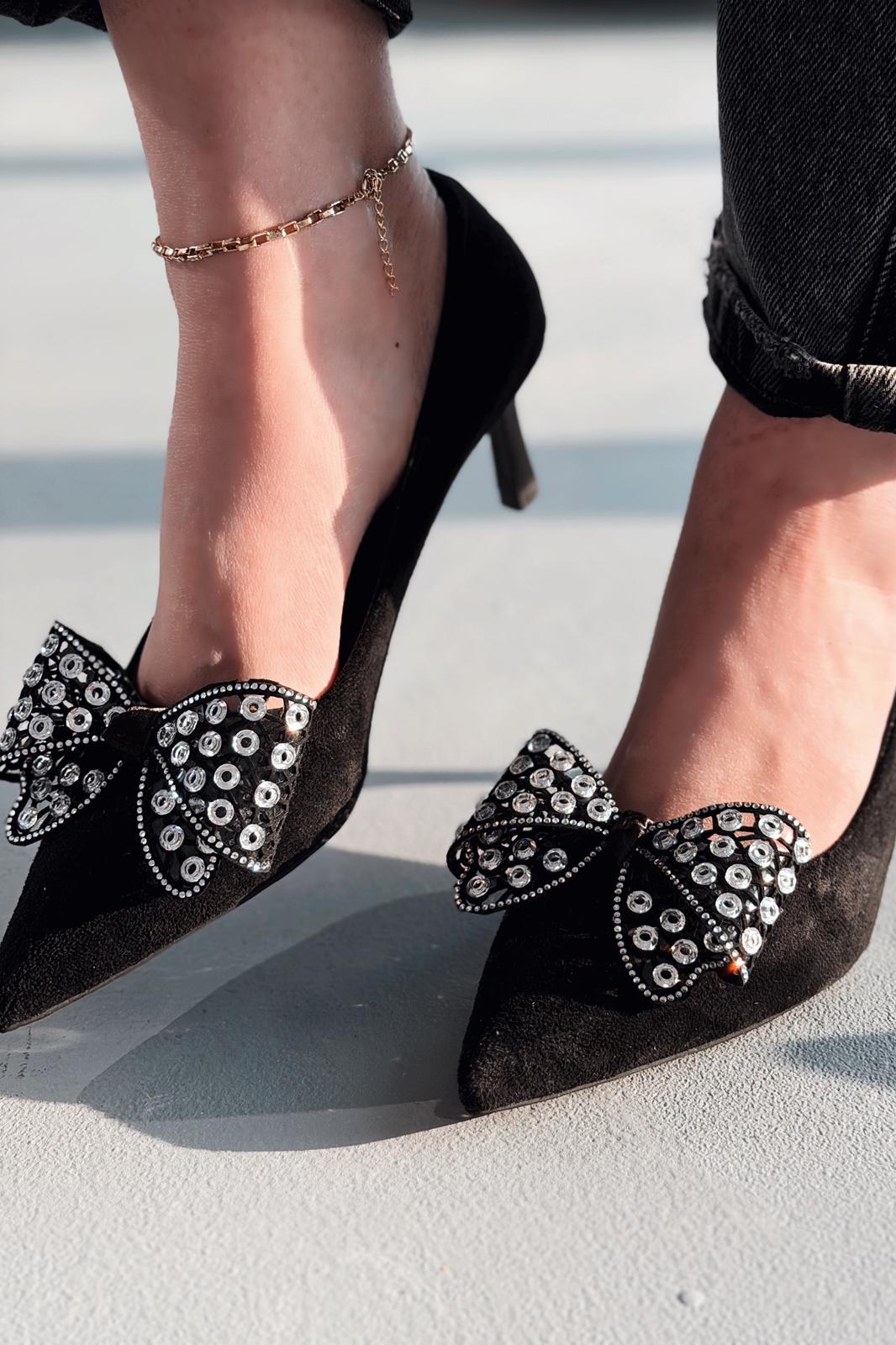 Sorexa Black Suede Bow Detail Women's Stilettos