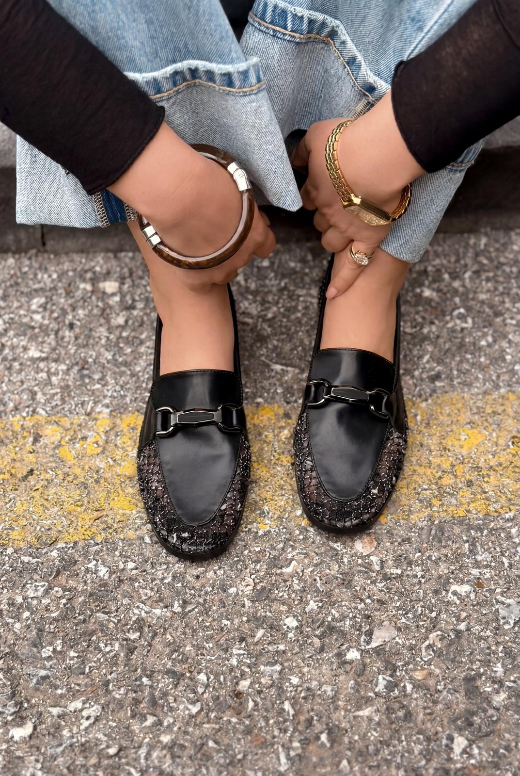 Delter Black Faux Leather Mesh Women's Loafers