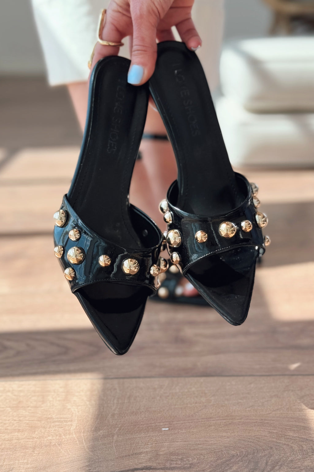 Yonspe Black Patent Faux Leather Stiletto Heel Mules