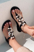 Wanids Patent Satin Black Seashell Detail Thong Sandals