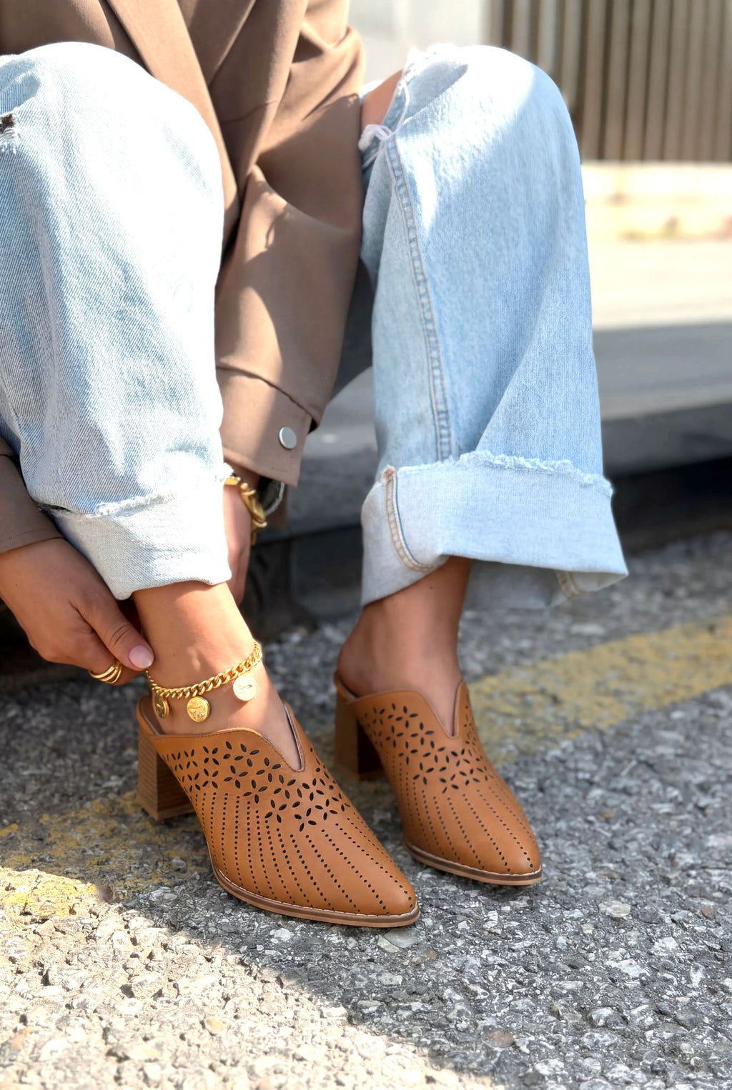 Noravina Genuine Leather Pumps Mule Tan