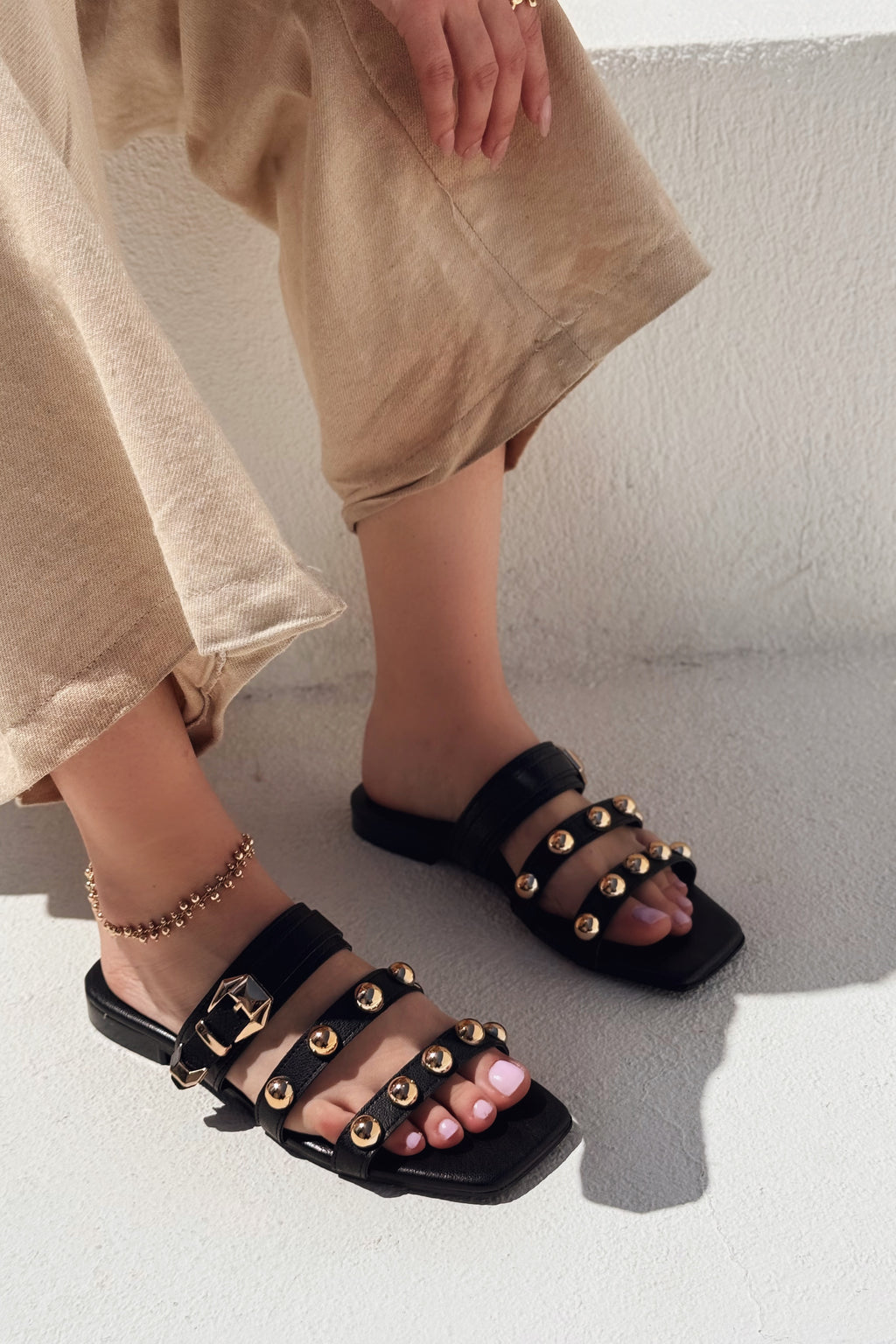 Dawist Black Faux Leather Studded Flat Women's Slides
