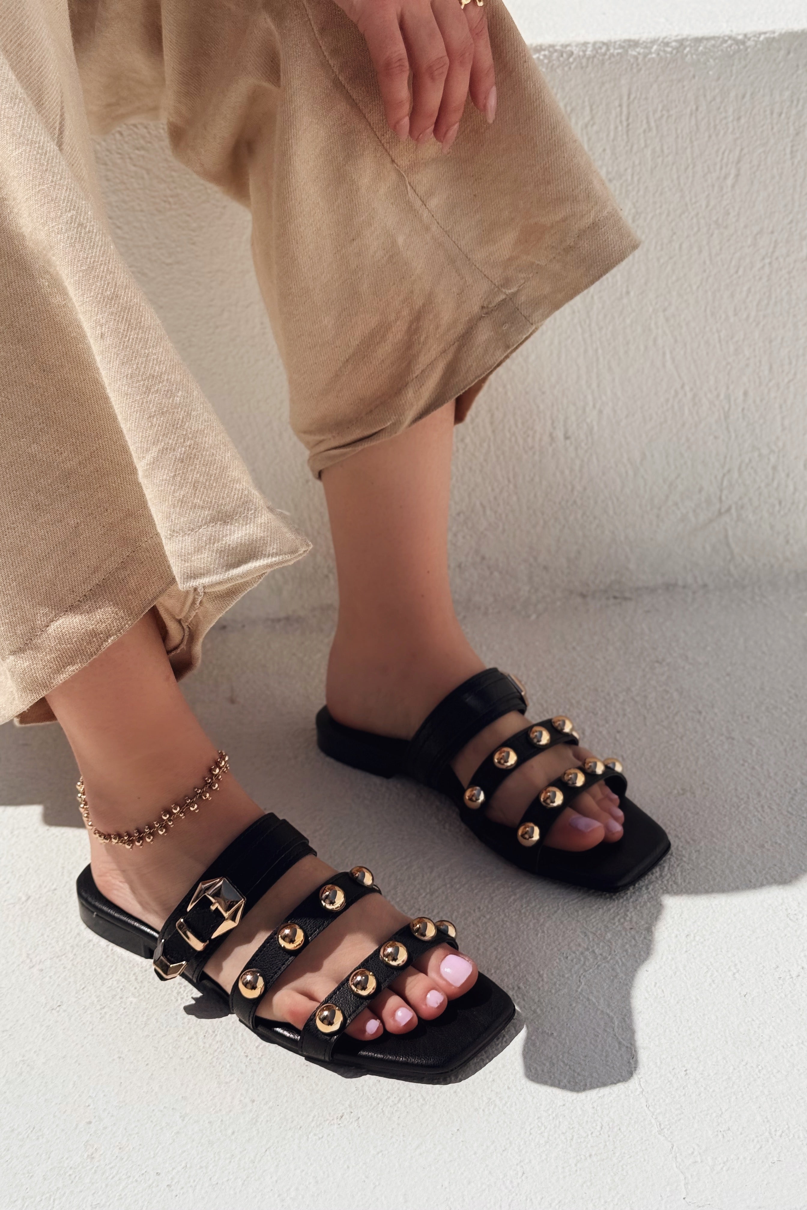 Dawist Black Faux Leather Studded Flat Women's Slides