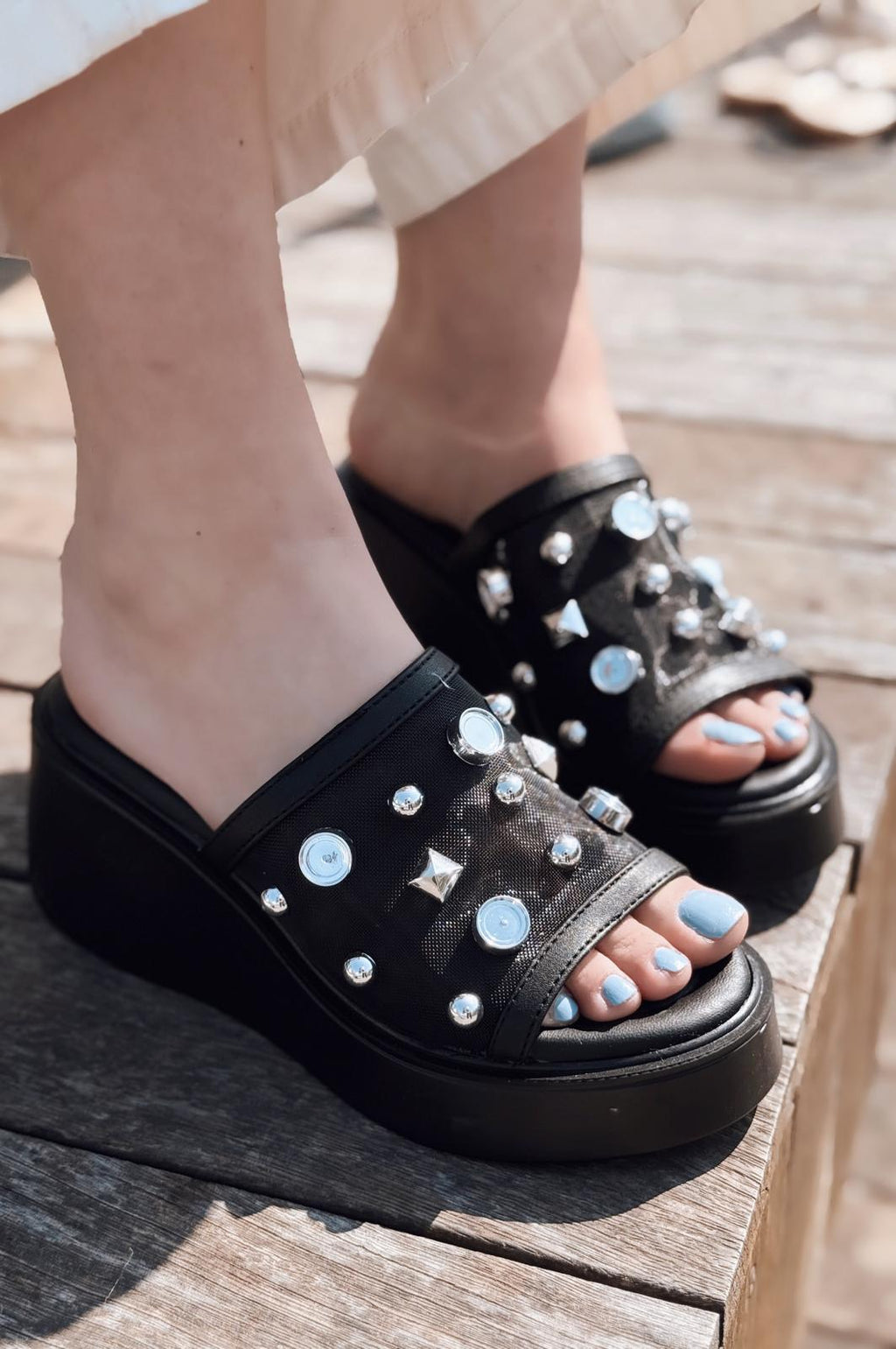 Palien Black Faux Leather Studded Wedge Heel Women's Mules
