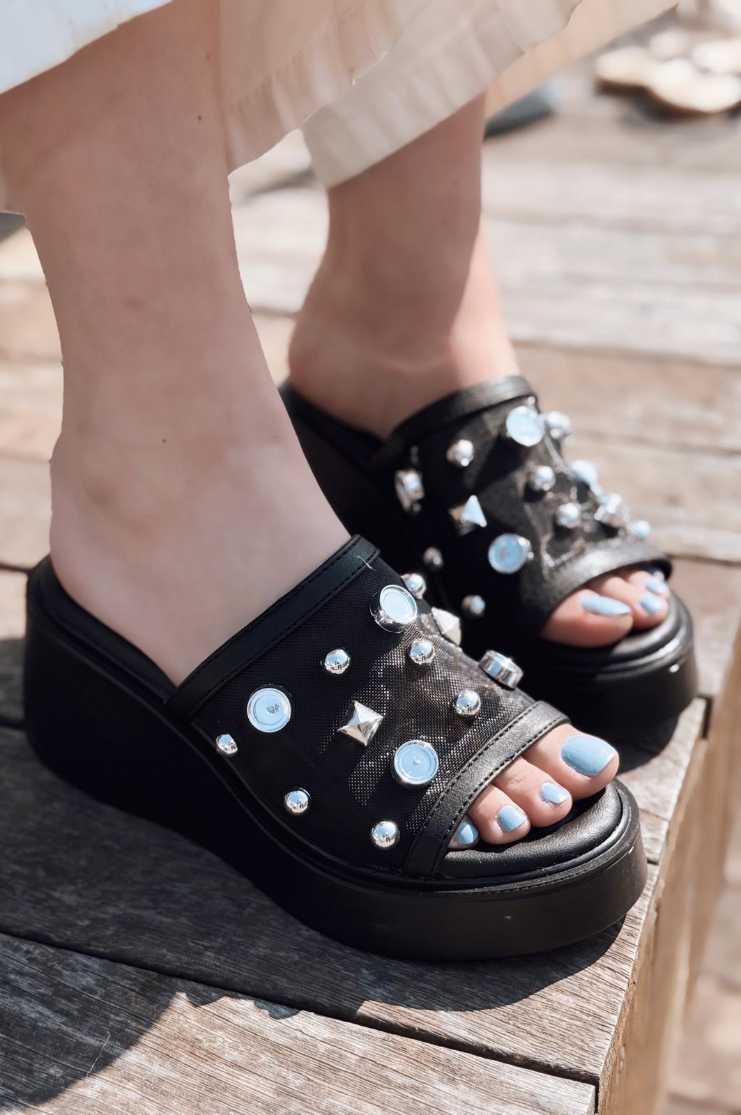 Palien Black Faux Leather Studded Wedge Heel Women's Mules