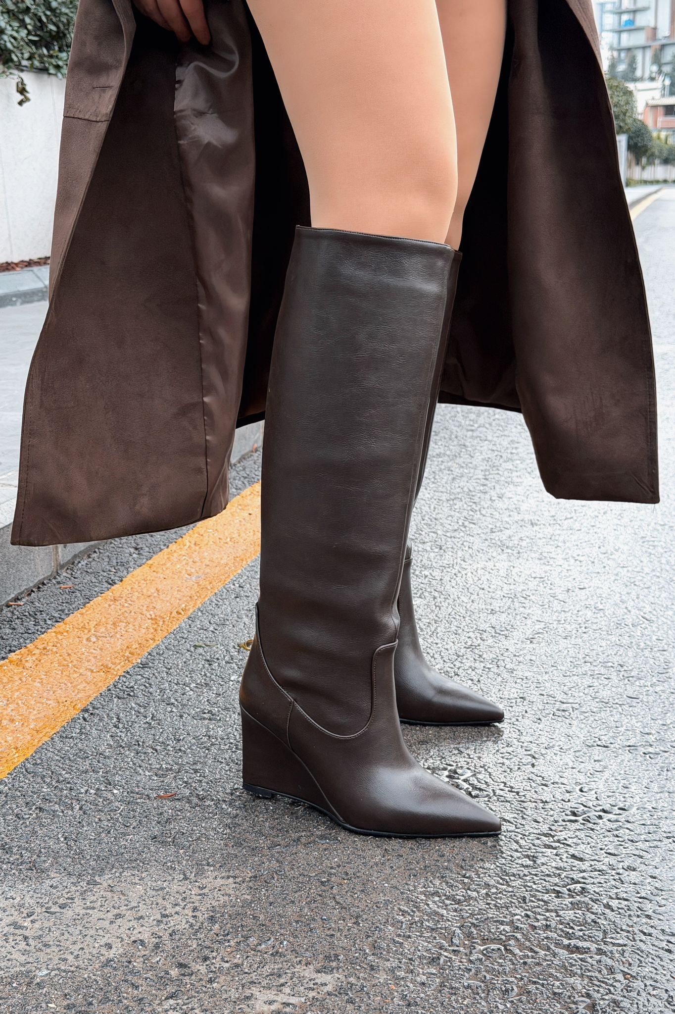 Ravita Light Brown Faux Leather Wedge Heel Women's Boots