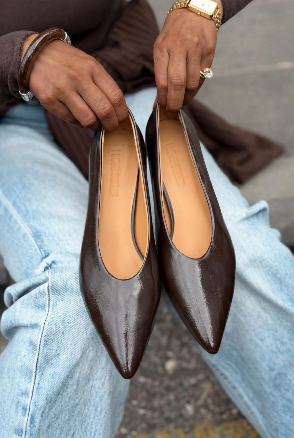 Seranis Light Brown Crinkle Patent Leather Stilettos