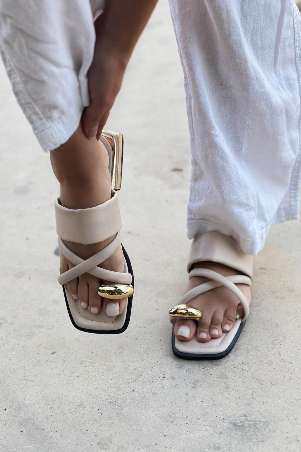Trons Beige Faux Leather Buckle Detail Women's Mules