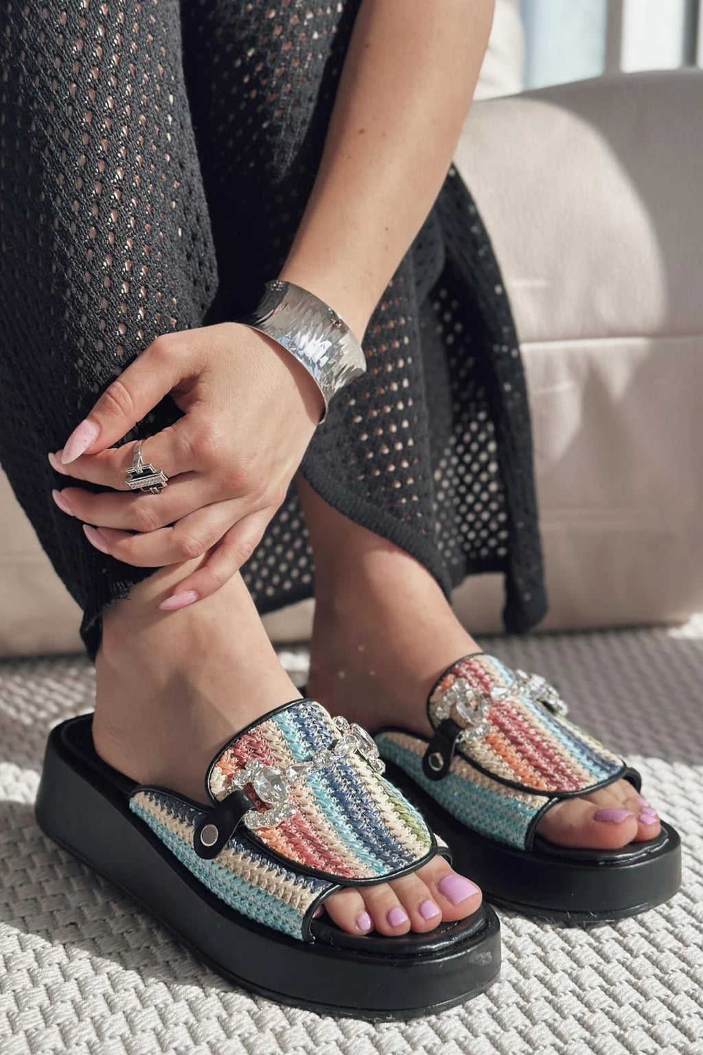 Nilossa Black Faux Leather Stone-Embellished Women's Slides