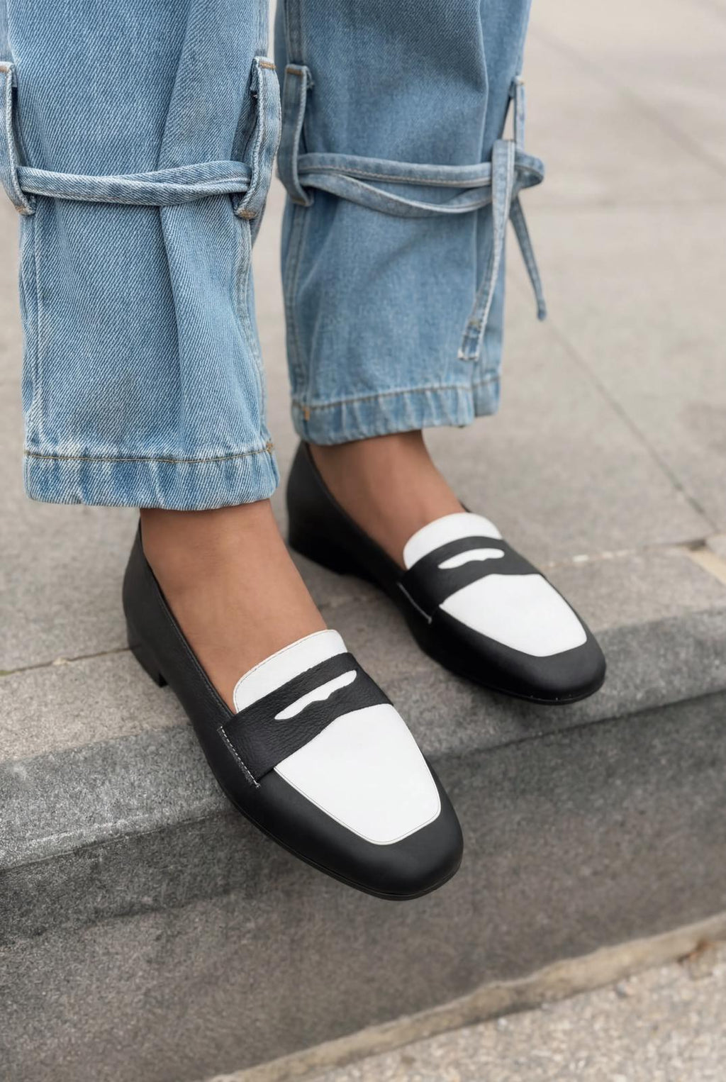 Melniel Black White Genuine Leather Women's Loafers