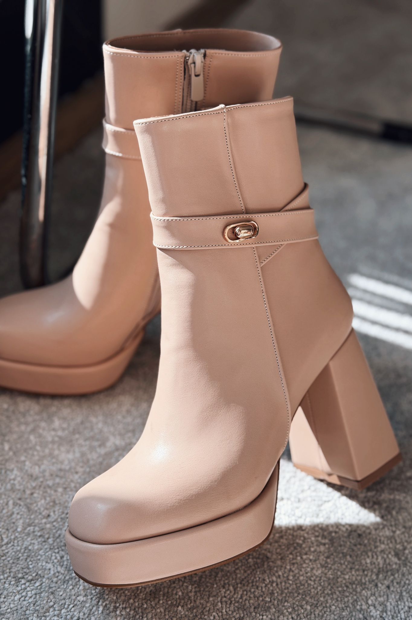 Xeniar Beige Faux Leather Platform Pumps with Zipper & Buckle Women's Boots