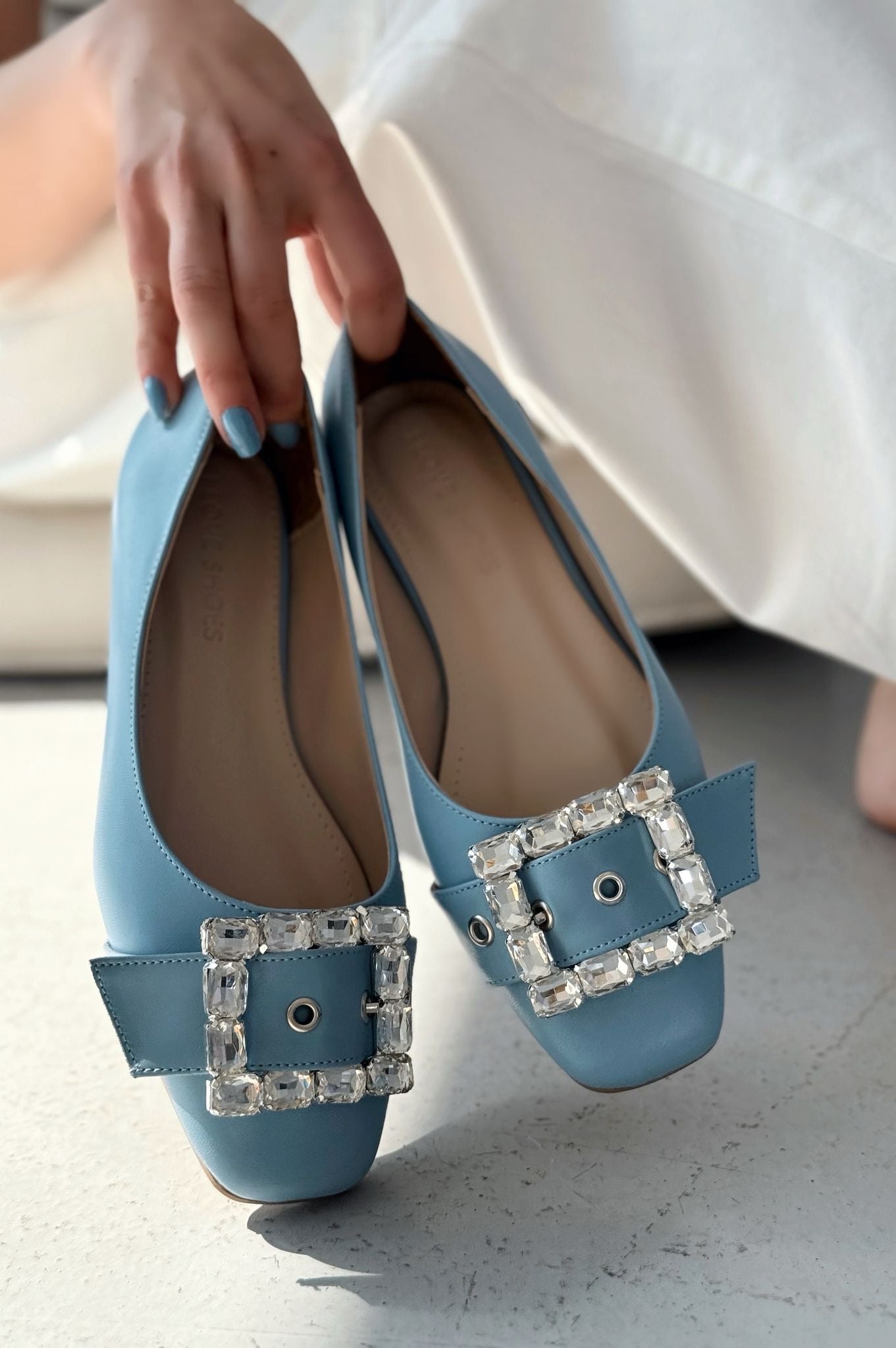 Woned Baby Blue Faux Leather Stone Embellished Women's Flats