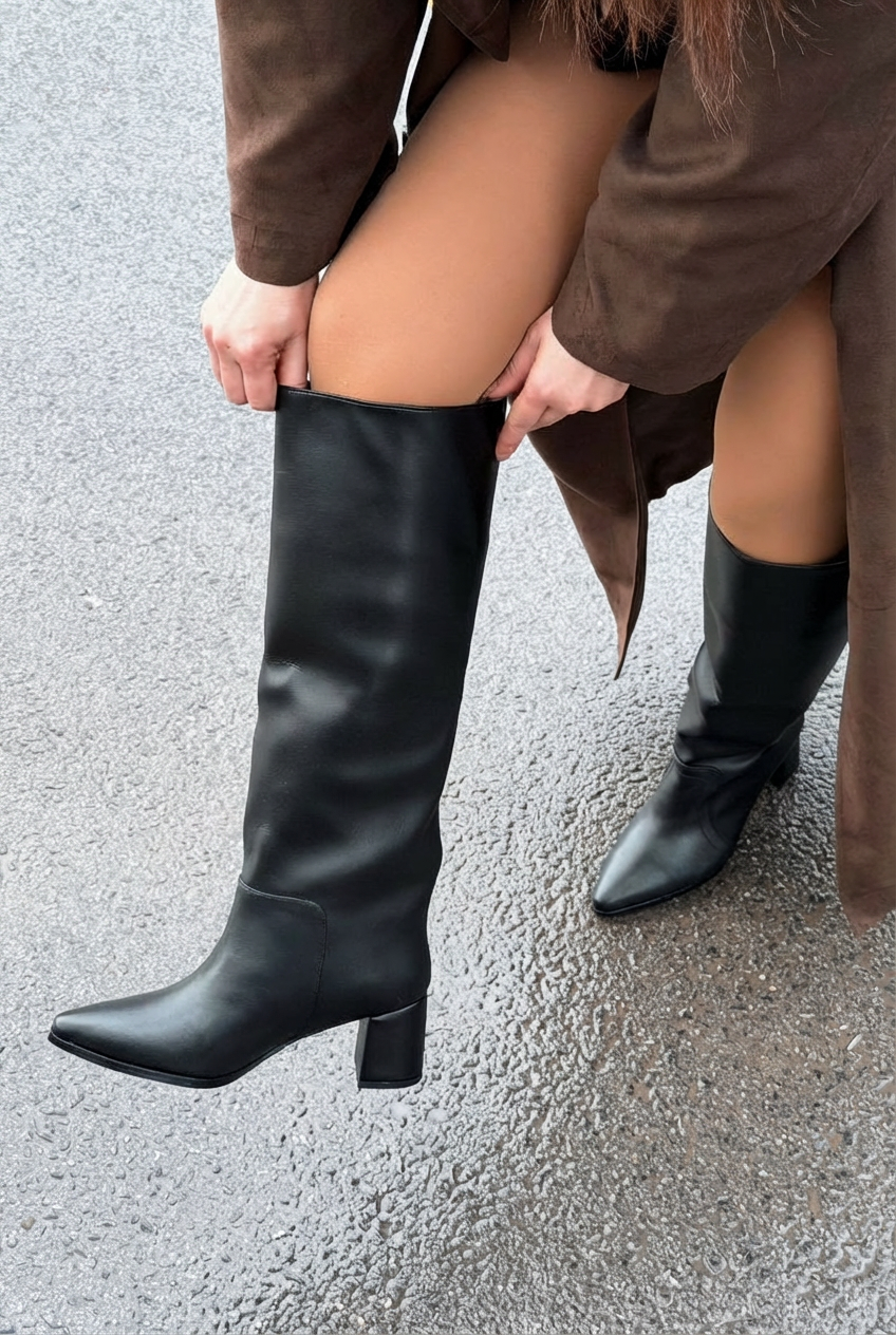 Pelena Black Faux Leather XL Boots Women's