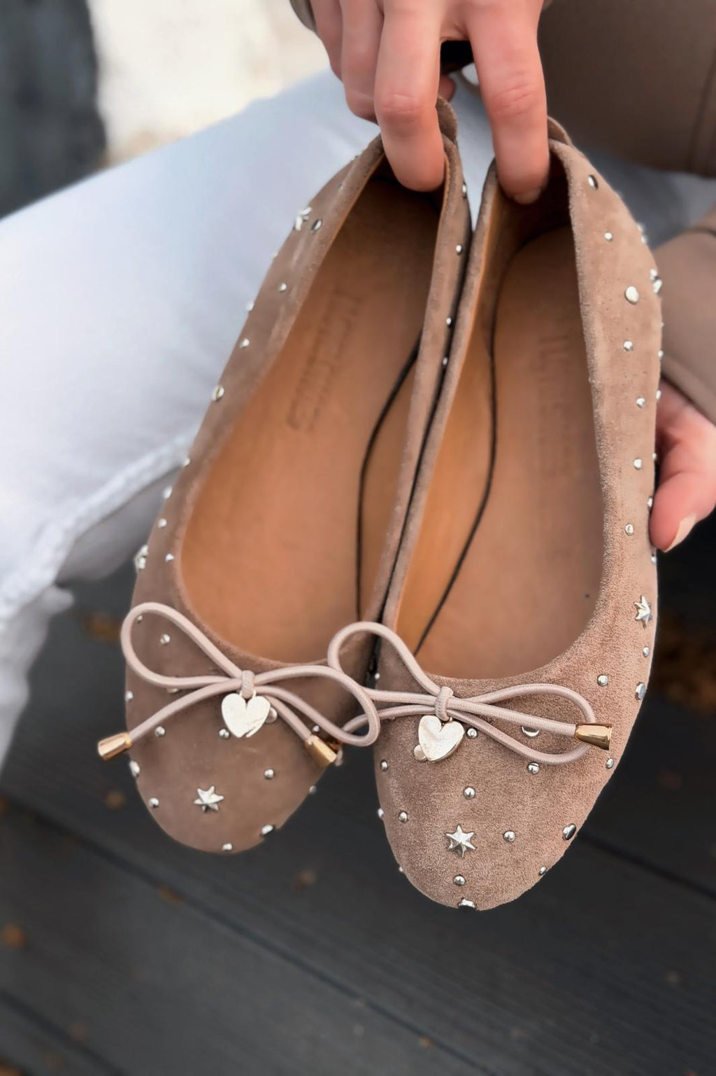 Vessa Taupe Genuine Suede Studded Women's Flats