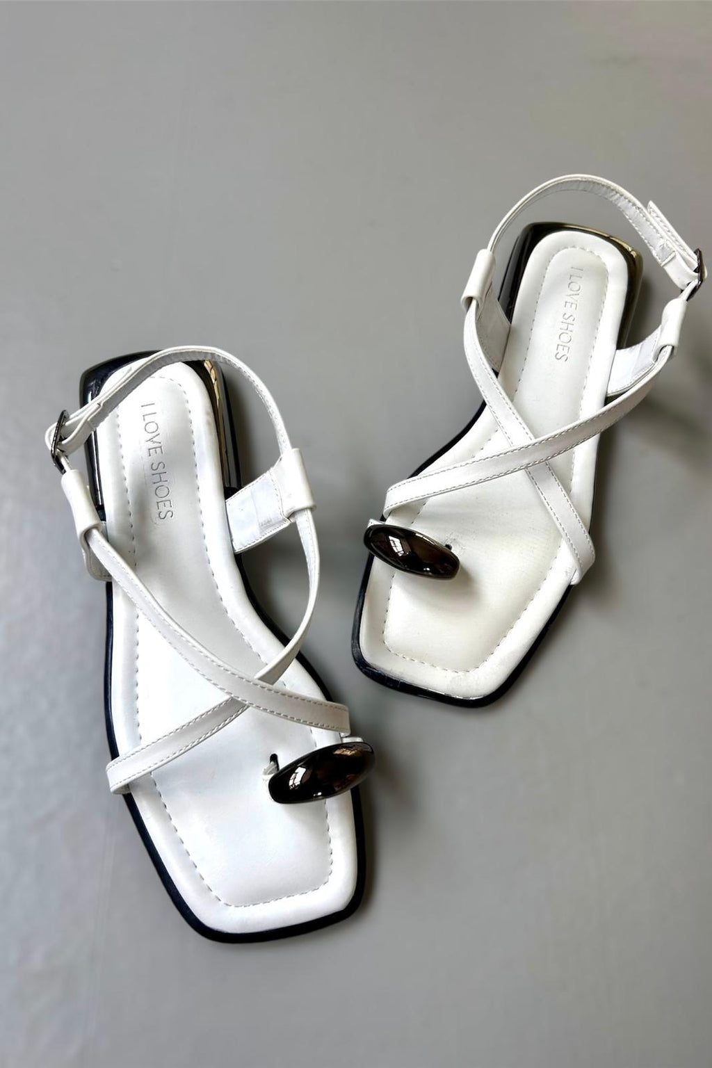 Sewons White Faux Leather Buckle Detail Women's Sandals