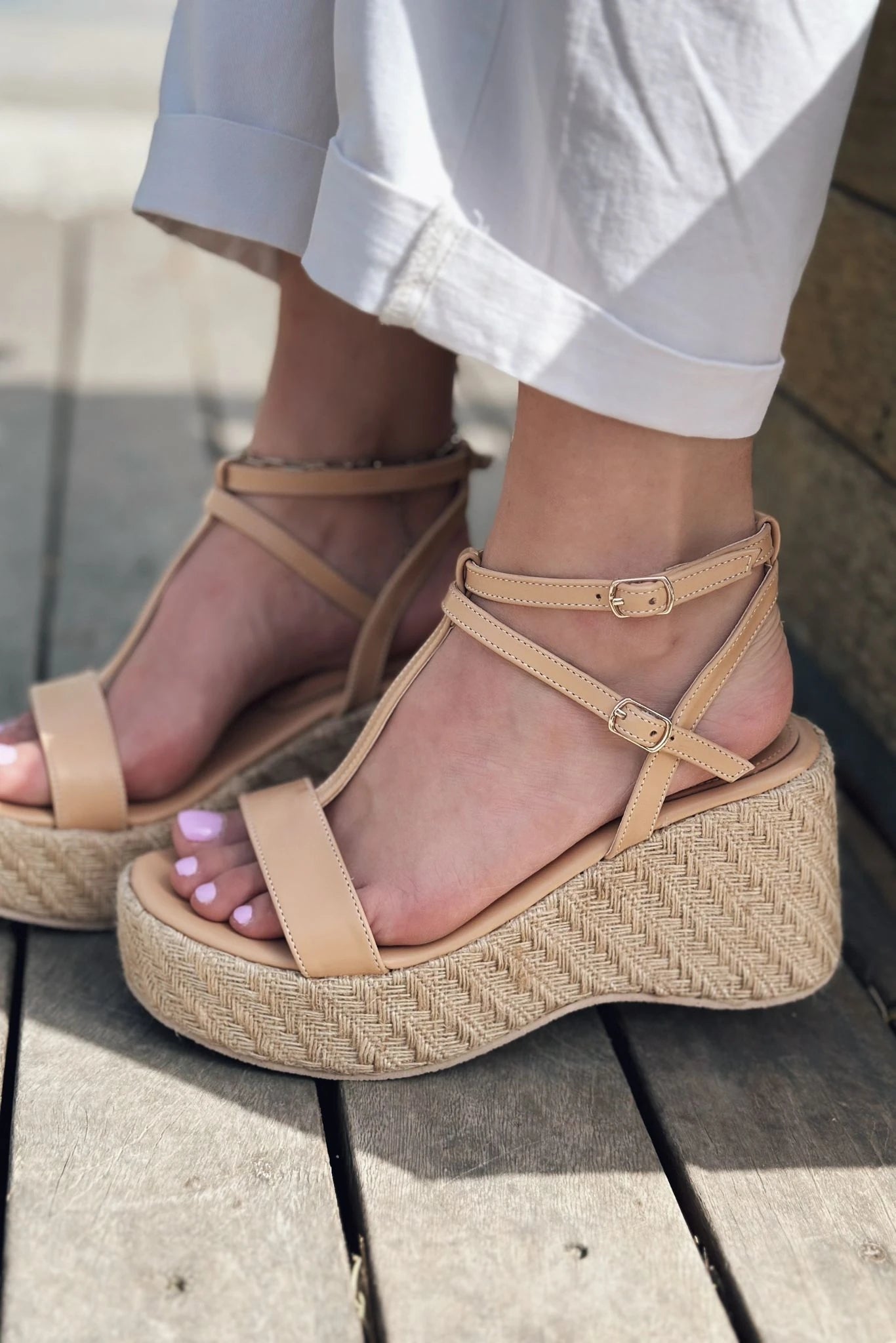 Rowsen Nude Faux Leather Strap Detail Wedge Pumps