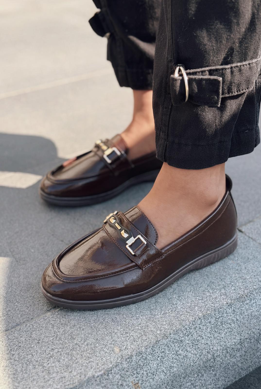 Toler Dark Brown Patent Faux Leather Women's Loafers
